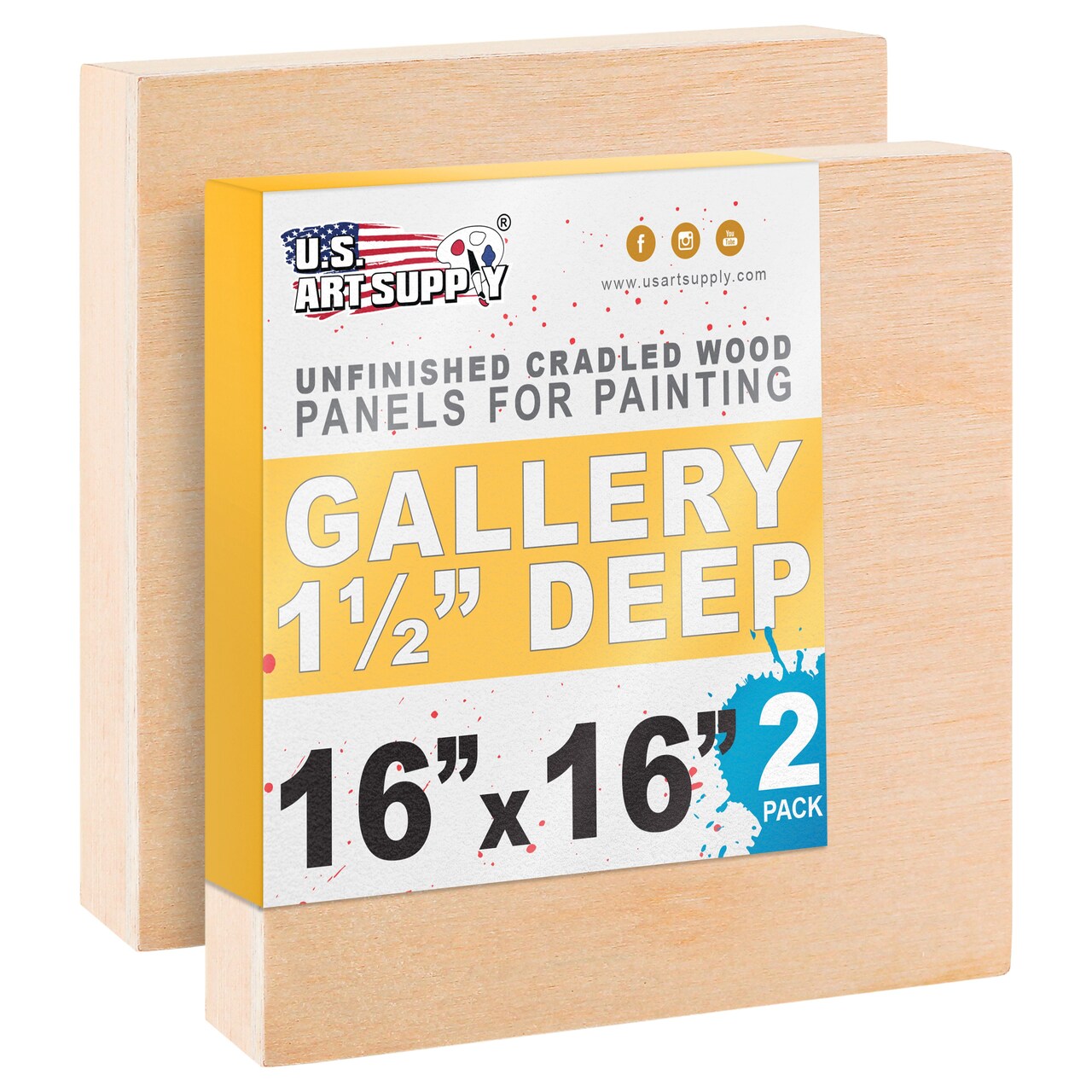 Unfinished Cradled Wood Panels for Painting, 2 Pack of 16x16 inch - Gallery Birch Wooden Canvas Boards 1-1/2" Deep - Mixed-Media Craft, Acrylic, Oil, Encaustic, Paint Pouring